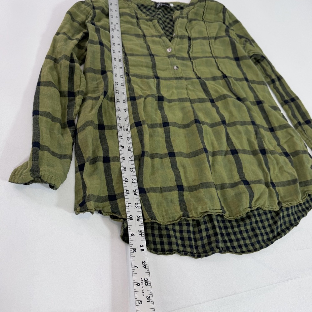 Fenini Blouse Womens Large Green Plaid Henley Tunic Long Sleeve Boho Top - Picture 3 of 7